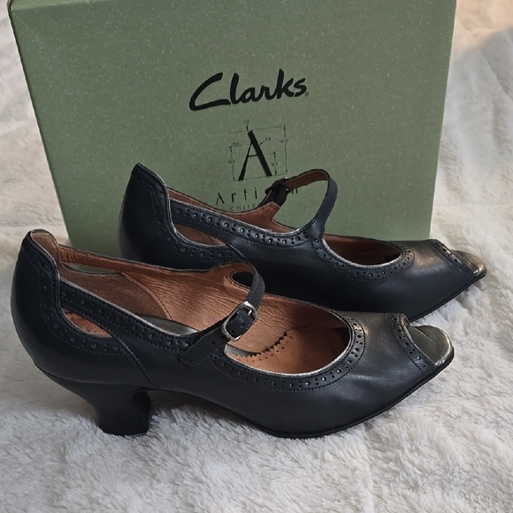 Clarks NavyLeather Heeled Peep-Toe Shoes with Adjustable Strap - Picture 2 of 12